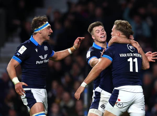 Duhan van der Merwe of Scotland celebrates after scoring the second try during the Six Nations Rugby match between England and Scotland at Twickenham.
