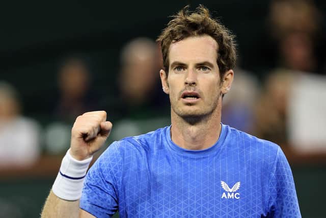 Andy Murray celebrates after his straight sets victory over Adrian Mannarino at Indian Wells (Photo by Clive Brunskill/Getty Images)