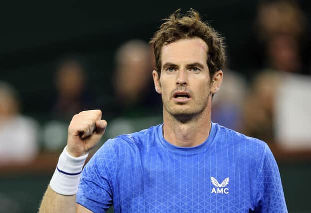 Andy Murray celebrates after his straight sets victory over Adrian Mannarino at Indian Wells (Photo by Clive Brunskill/Getty Images)