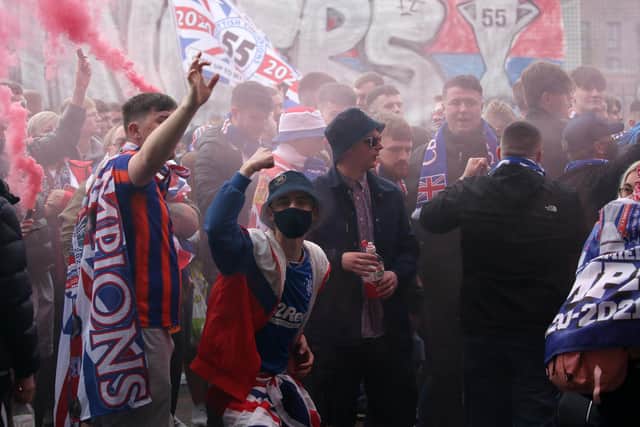 Rangers fans outside the ground before the Scottish Premiership match at Ibrox Stadium, Glasgow. PA.
