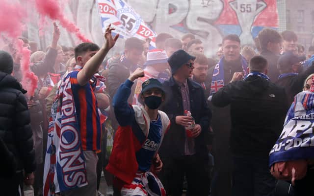 Rangers fans outside the ground before the Scottish Premiership match at Ibrox Stadium, Glasgow. PA.