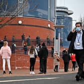 Members of the public queue to receive a Covid-19 vaccine outside Hampden Park which is being used as a mass vaccination facility. Picture: Jeff J Mitchell/Getty Images