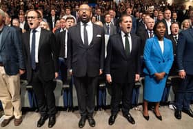 Tom Tugendhat (left) has been elimnated, leaving James Cleverly, Robert Jenrick, Kemi Badenoch battling it out