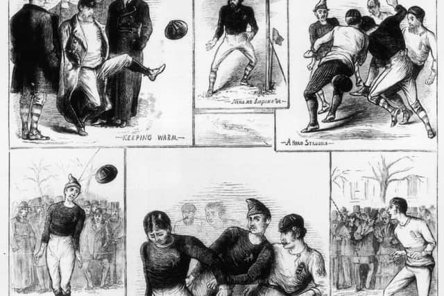 Scenes from the 1872 match between England and Scotland in Partick, Glasgow, Scotland. The match resulted in a 0-0 draw.