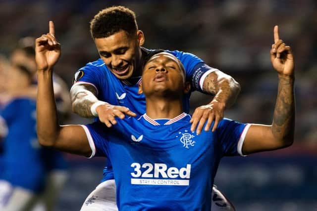 Alfredo Morelos celebrates with Rangers captain James Tavernier after scoring the only goal of the Europa League group stage game against Lech Poznan at Ibrox in October. (Photo by Alan Harvey / SNS Group)