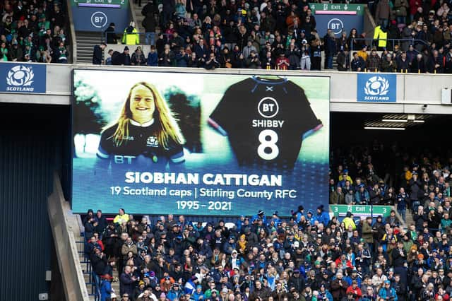 The Murrayfield crowd pay tribute to Scotland international Siobhan Cattigan before Scotland's Six Nations match against Ireland in March this year. Cattigan died in November 2021. (Photo by Craig Williamson / SNS Group)