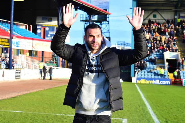 Steven Caulker is introduced to the fans before a Scottish Cup clash against Motherwell after his surprise arrival at Dundee in February 2018