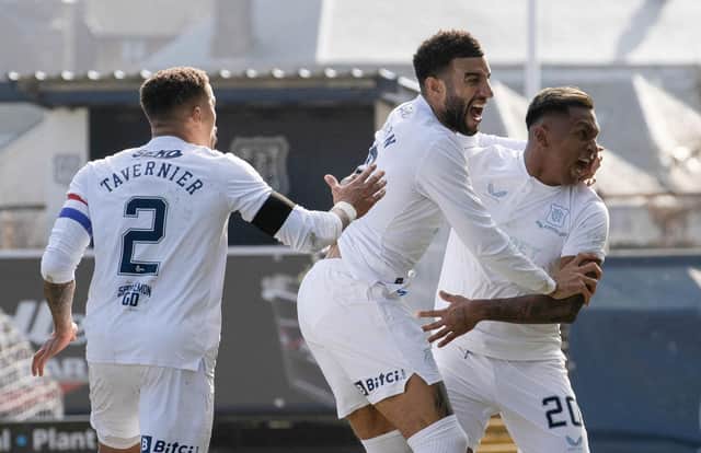 Rangers defender Connor Goldson celebrates with Alfredo Morelos after scoring the winner at Dens Park. (Photo by Alan Harvey / SNS Group)