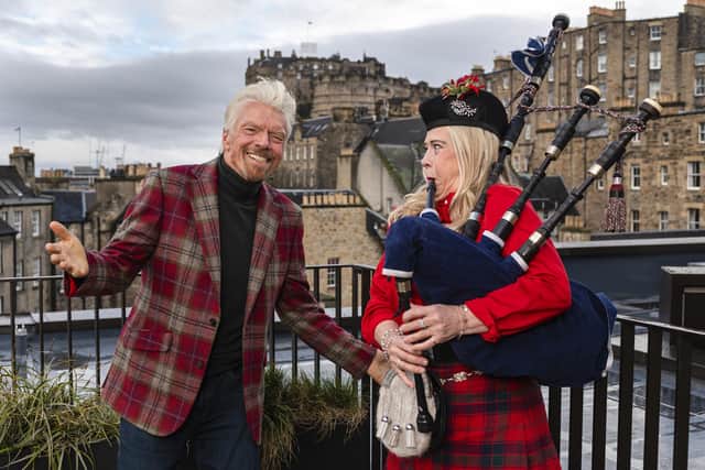 Sir Richard Branson and piper Louise Marshall mark the opening of the new Virgin Hotels Edinburgh development in the Old Town. Picture: Euan Cherry/PA Wire