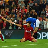 Diogo Jota of Liverpool with Luis Diaz of Liverpool  in action during the UEFA Champions League group A match between Liverpool FC and Rangers FC at Anfield on October 04, 2022 in Liverpool, England. (Photo by John Powell/Liverpool FC via Getty Images)