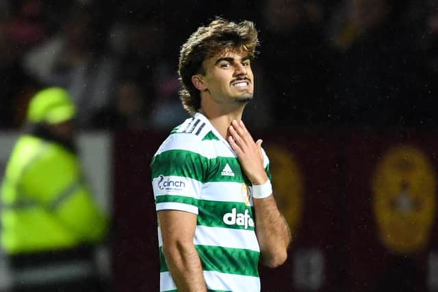 Celtic's Jota reacts afer his goal against Motherwell is ruled offside by VAR. (Photo by Ross MacDonald / SNS Group)