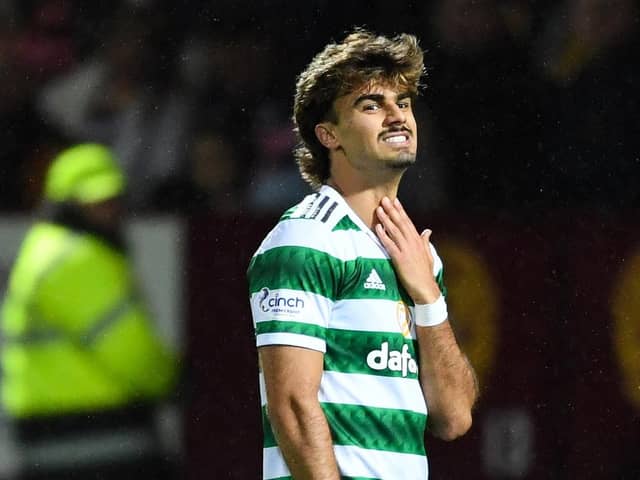Celtic's Jota reacts afer his goal against Motherwell is ruled offside by VAR. (Photo by Ross MacDonald / SNS Group)