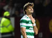 Celtic's Jota reacts afer his goal against Motherwell is ruled offside by VAR. (Photo by Ross MacDonald / SNS Group)