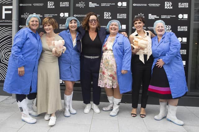 Chuck Chuck Baby stars Louise Brealey and Annabel Scholey, and director Janis Pugh, were joined by real-life chicken factory workers Amanda Waite-Jones, Vanessa Roberts, Zoe May and Babs Waite at the film's world premiere in Edinburgh. Picture: Pako Mera