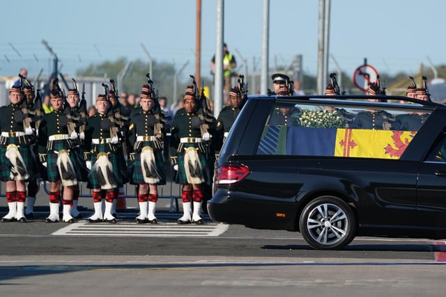 The coffin of Queen Elizabeth II at Edinburgh Airport from where it was flown by the RAF on its journey from Edinburgh to Buckingham Palace, London, to lie at rest.