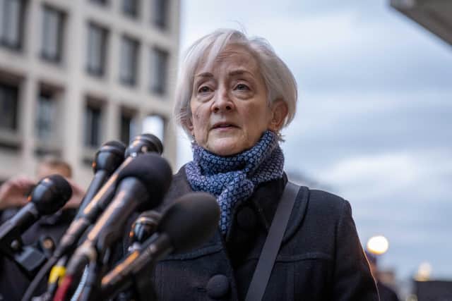 Stephanie Bernstein, whose husband, Michael Stuart Bernstein, was killed in the bombing of Pan Am Flight 103 over Lockerbie, Scotland, speaks to member of the media in front of the federal courthouse in Washington. Picture: AP Photo/Andrew Harnik
