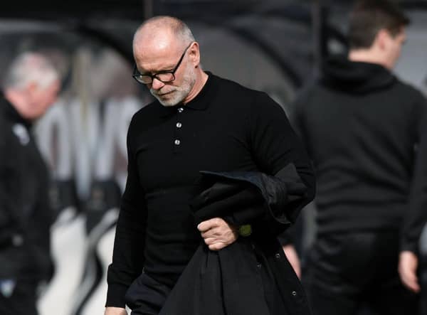 Dunfermline manager John Hughes at full time after the defeat to Queen's Park which confirmed relegation. (Photo by Sammy Turner / SNS Group)