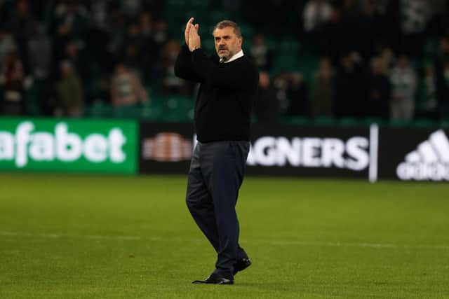 Celtic boss Ange Postecoglou applauds the Parkhead support after the 3-0 second-leg victory over Jablonec. Picture: SNS
