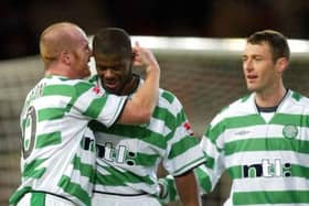 John Hartson with former Celtic team-mates Bobo Balde and Chris Sutton