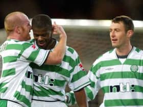 John Hartson with former Celtic team-mates Bobo Balde and Chris Sutton