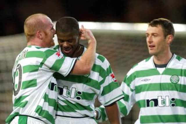 John Hartson with former Celtic team-mates Bobo Balde and Chris Sutton