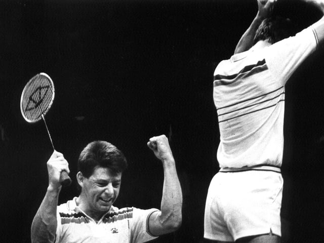 Scottish duo Dan Travers and Billy Gilliland take gold in the men's doubles badminton in the 1986 Edinburgh Games.