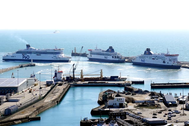 Three P&O ferries, Spirit of Britain, Pride of Canterbury and Pride of Kent moor up in the cruise terminal at the Port of Dover in Kent as the company has suspended sailings ahead of a "major announcement"