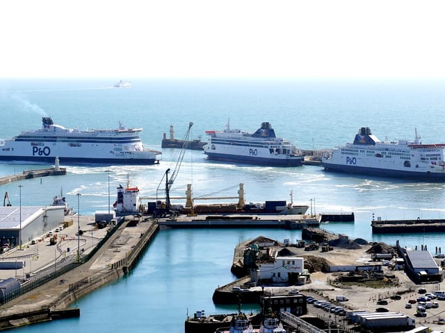 Three P&O ferries, Spirit of Britain, Pride of Canterbury and Pride of Kent moor up in the cruise terminal at the Port of Dover in Kent as the company has suspended sailings ahead of a "major announcement"