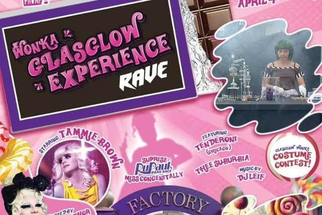 An advert for the Glasgow Willy Wonka Experience rave night in a New York nightclub.