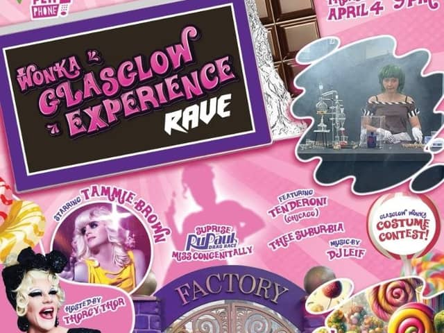 An advert for the Glasgow Willy Wonka Experience rave night in a New York nightclub.