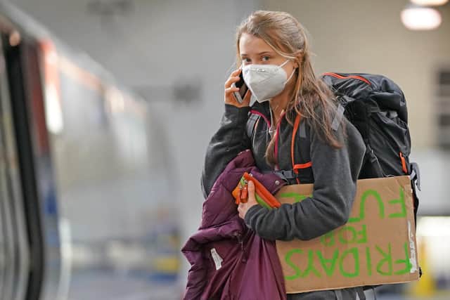 Greta Thunberg was seen at Euston Station in London ahead of boarding a train to Glasgow, where the Cop26 summit is taking place from Monday