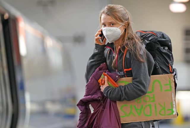 Greta Thunberg was seen at Euston Station in London ahead of boarding a train to Glasgow, where the Cop26 summit is taking place from Monday