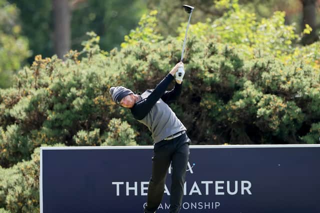Laird Shepherd plays his tee shot on the 18th hole during his semi-final match against Jack Dyer in the R&A Amateur Championship at Nairn. Picture: David Cannon/R&A/R&A via Getty Images.