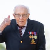 99-year-old war veteran Captain Tom Moore at his home in Marston Moretaine, Bedfordshire, after he achieved his goal of 100 laps of his garden - raising more than 12 million pounds for the NHS.  The amount raised went on to top £35 million
