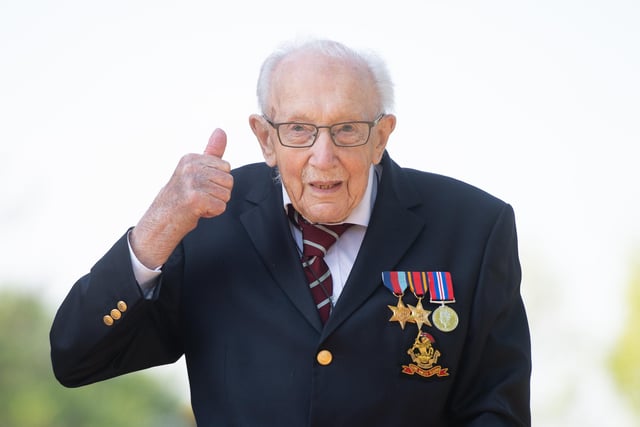 99-year-old war veteran Captain Tom Moore at his home in Marston Moretaine, Bedfordshire, after he achieved his goal of 100 laps of his garden - raising more than 12 million pounds for the NHS. The amount raised went on to top £35 million