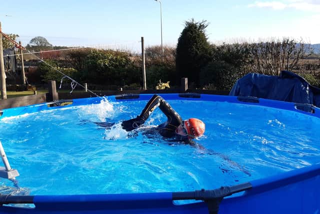 Struan Bennet training in a giant paddling pool during lockdown as leisure centres across the country have been forced to close due to the pandemic picture: supplied