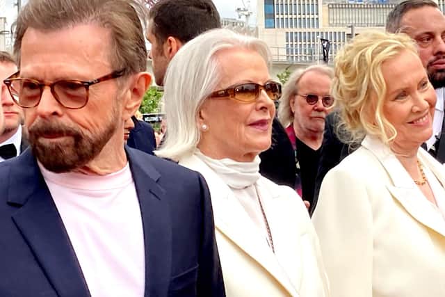 Benny 'photobombs' Bjorn, Anni-Frid and Agnetha at the opening of ABBA Voyage Photo: Liam Rudden