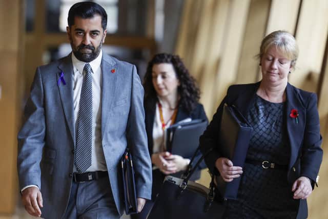 Humza Yousaf arrives for First Minister's Questions in the Scottish Parliament, accompanied by his deputy Shona Robison. Picture: Jeff J Mitchell/Getty Images