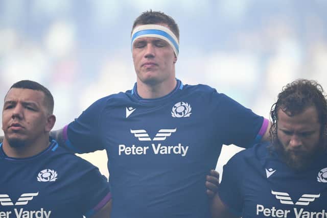 Glen Young, centre, flanked by Javan Sebastian, left, and Pierre Schoeman, ahead of his Scotland against Argentina in Santiago del Estero during the 2022 summer tour.  (Photo by Ross MacDonald / SNS Group)