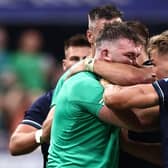 Scotland wing Duhan van der Merwe, right, was involved in a second-half scuffle as tempers frayed following Ollie Smith's attempted trip on Johnny Sexton. (Photo by ANNE-CHRISTINE POUJOULAT/AFP via Getty Images)