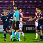 Allan Campbell pleads with the referee as Billy Gilmour is sent off (Photo by Craig Foy / SNS Group)