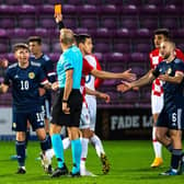 Allan Campbell pleads with the referee as Billy Gilmour is sent off (Photo by Craig Foy / SNS Group)