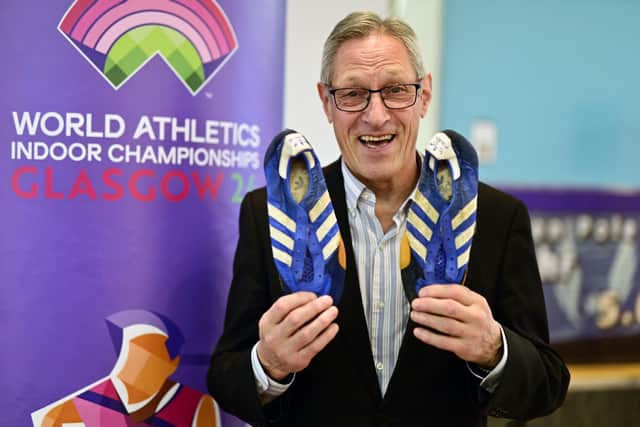 Allan Wells holds a pair of his running shoes, which he is contributing to the Museum of World Athletics. Picture: John Devlin