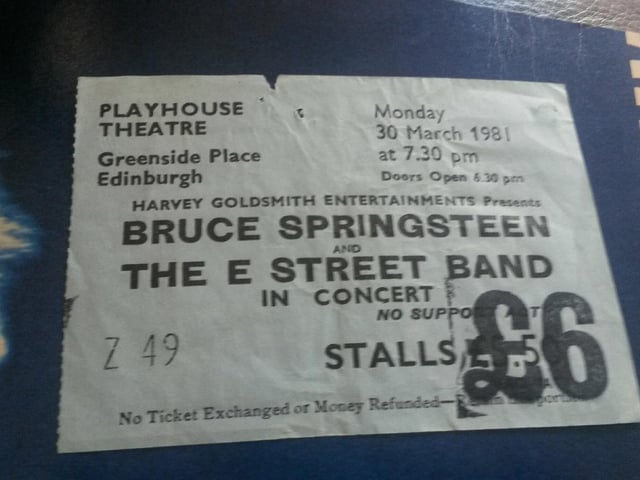 Bruce Springsteen - ticket stub from his 1981 River tour gigs at the Playhouse Theatre, Edinburgh