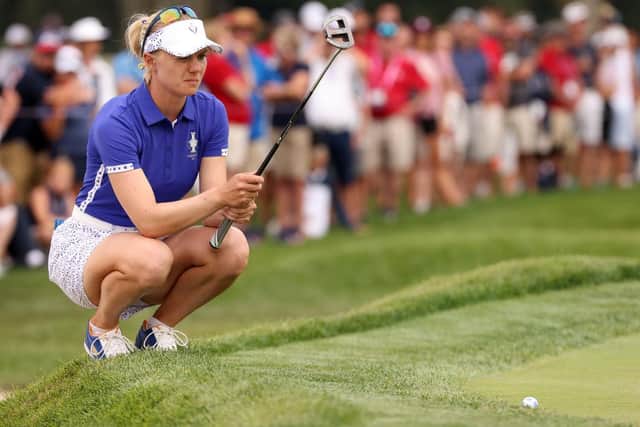 Madelene Sagstrom lines up a putt on the 18th green during the foursomes on day one of the Solheim Cup at the Inverness Club in Toledo, Ohio. Picture: Gregory Shamus/Getty Images.