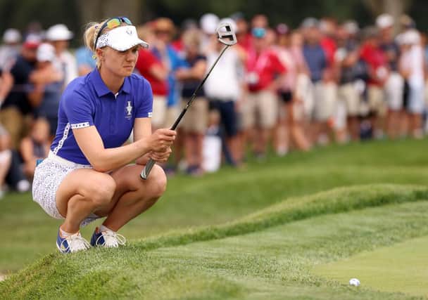 Madelene Sagstrom lines up a putt on the 18th green during the foursomes on day one of the Solheim Cup at the Inverness Club in Toledo, Ohio. Picture: Gregory Shamus/Getty Images.