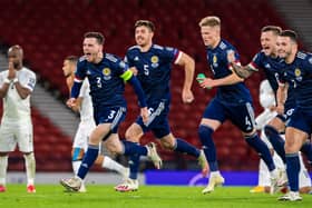 Scotland's players celebrate winning the penalty shoot-out against Israel in the play-off semi-final. Picture: SNS