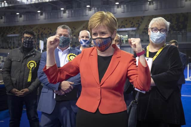 First Minister and SNP party leader Nicola Sturgeon celebrates after retaining her seat for Glasgow Southside at the count for the Scottish Parliamentary Elections at the Emirates Arena, Glasgow.