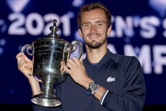 Daniil Medvedev of Russia celebrates with the championship trophy after defeating Novak Djokovic of Serbia to win the Men's Singles final match on Day Fourteen of the 2021 US Open at the USTA Billie Jean King National Tennis Center on September 12, 2021.