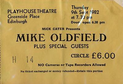 A ticket to a Mike Oldfield concert at the Edinburgh Playhouse in 1982 - priced at just £6.